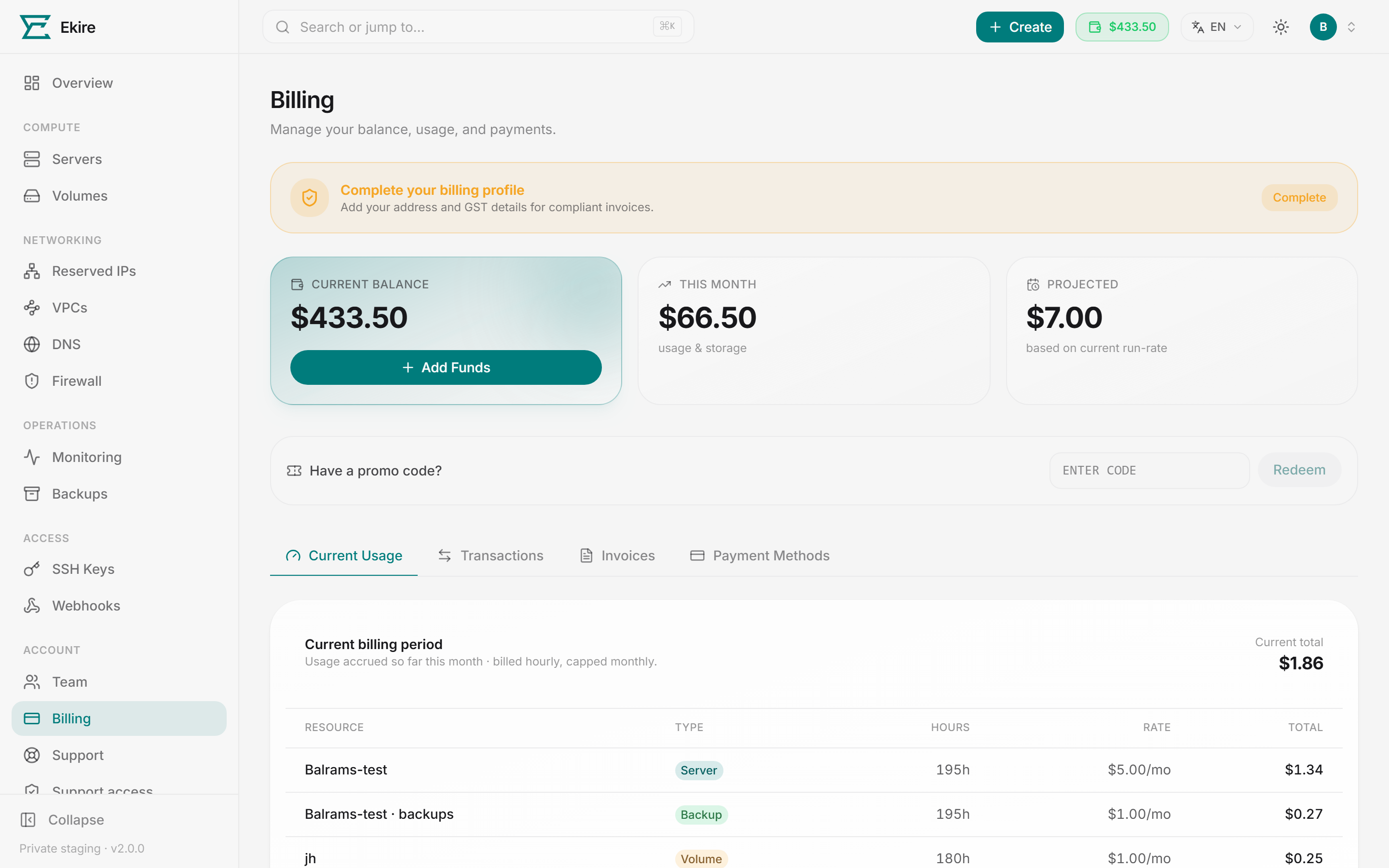 The Billing page: balance and spend up top, with tabs for usage, transactions, invoices, and payment methods.