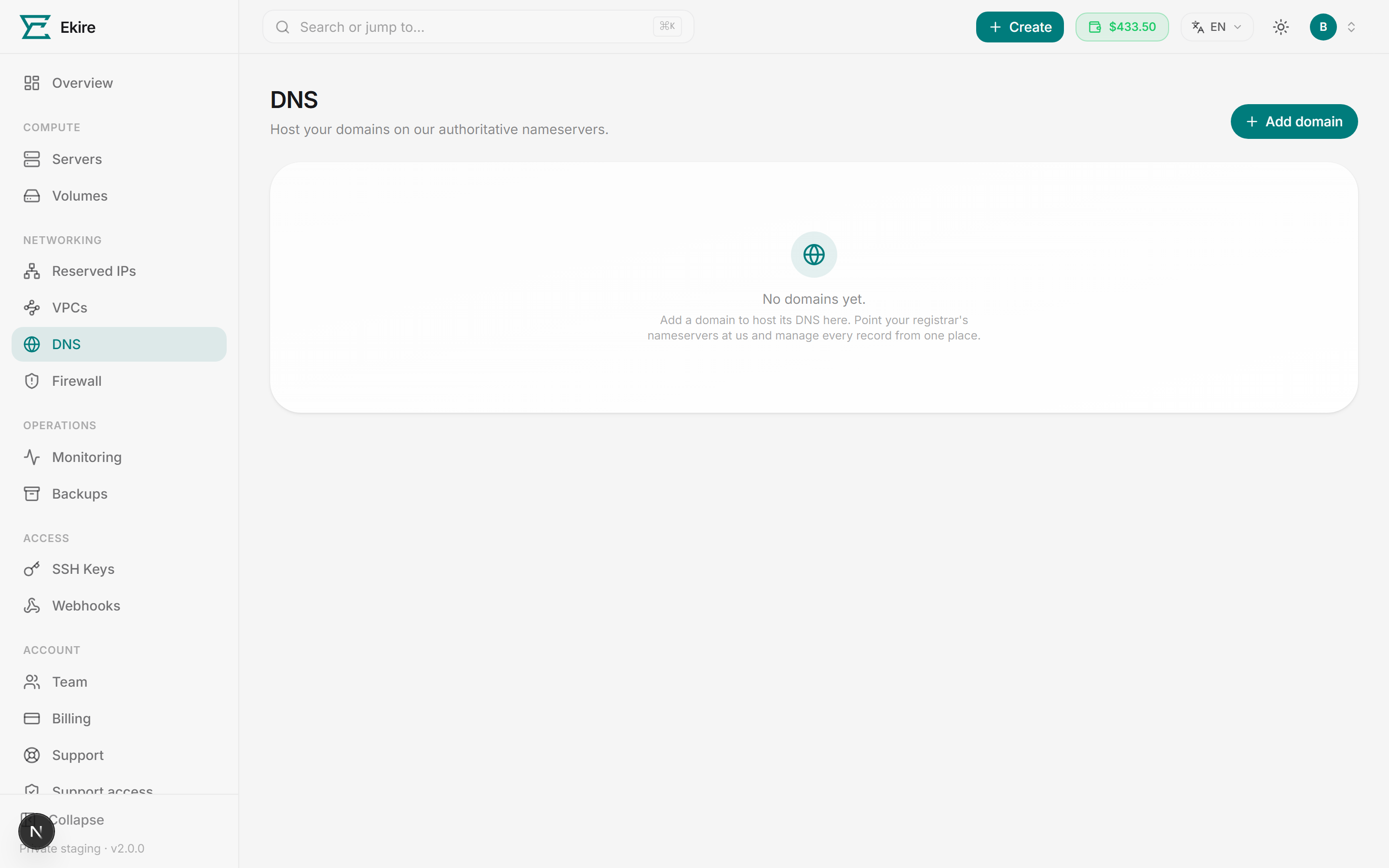The DNS page: each domain you host is a zone with a live status.