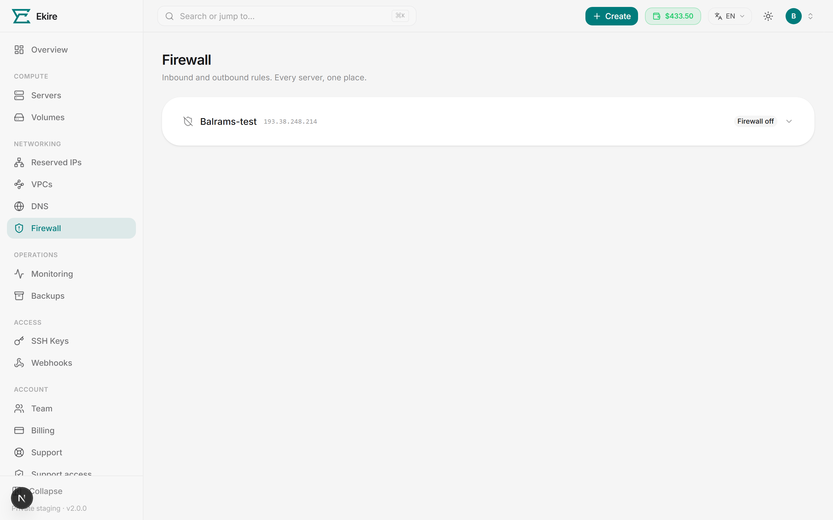 The Firewall page — each server shows its on/off state; expand a row to manage rules.