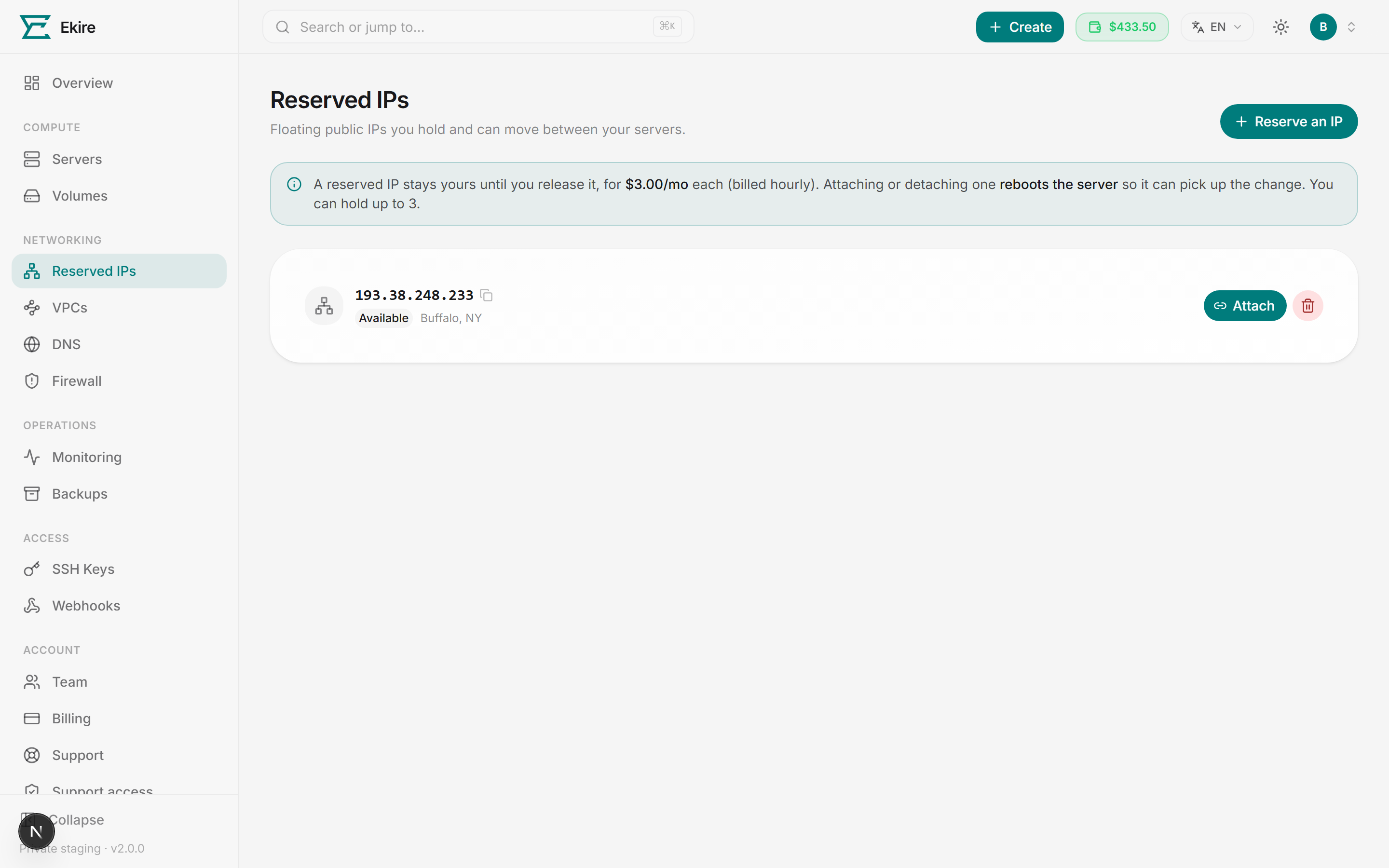 Your reserved IP pool — each address shows its status, region, and the server it's attached to.