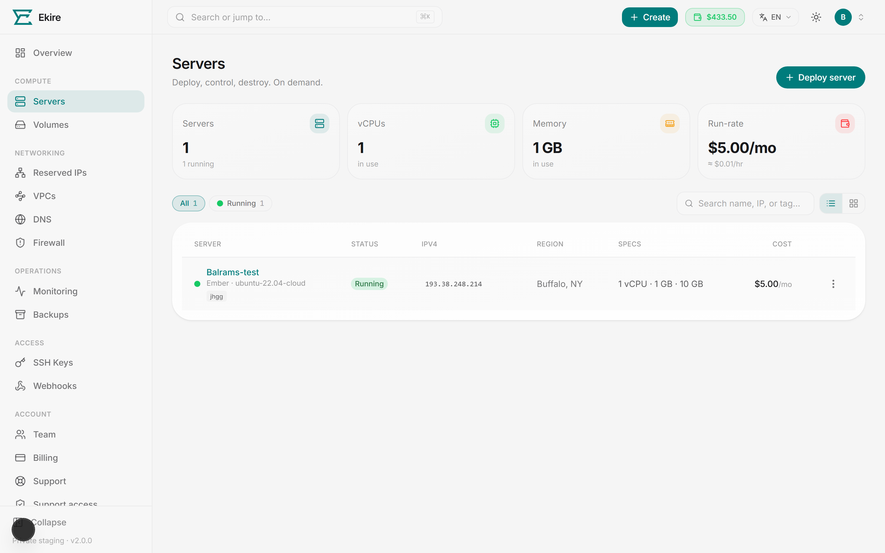 A running server's detail page, showing the header, quick actions, and tab bar.