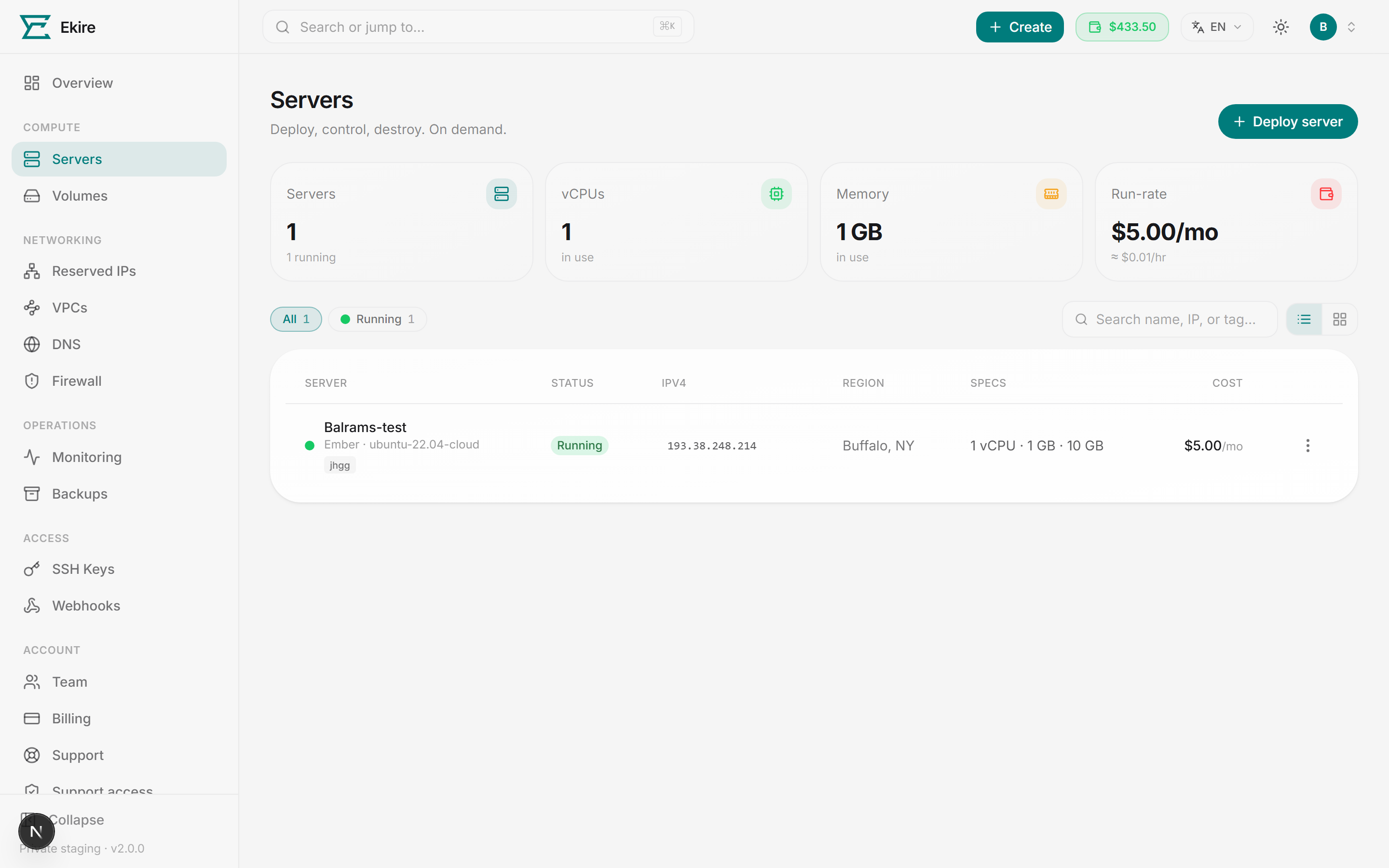 The Servers page: summary tiles, filters, and the server table.