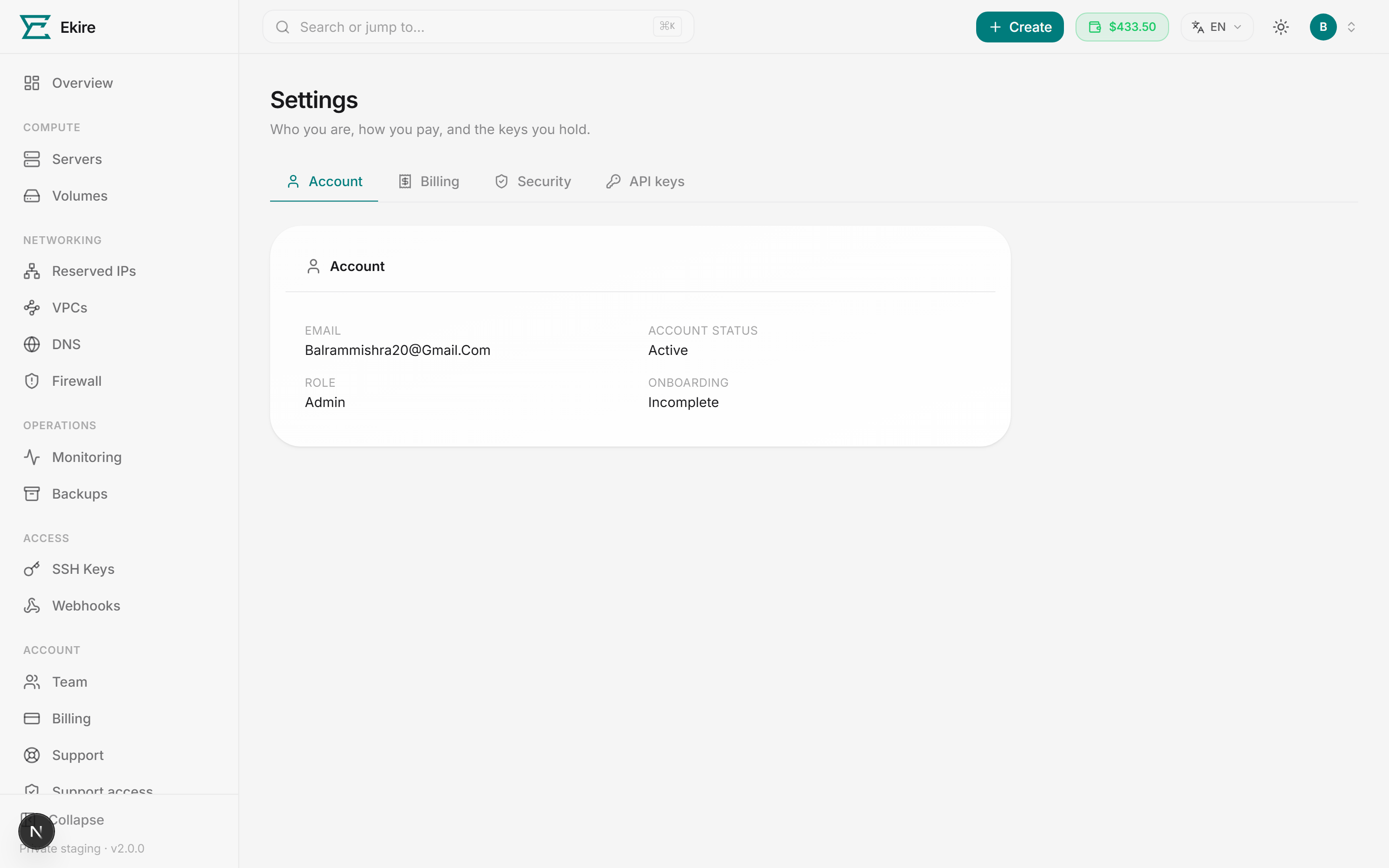 The Settings page, showing the Account, Billing, Security, and API keys tabs.