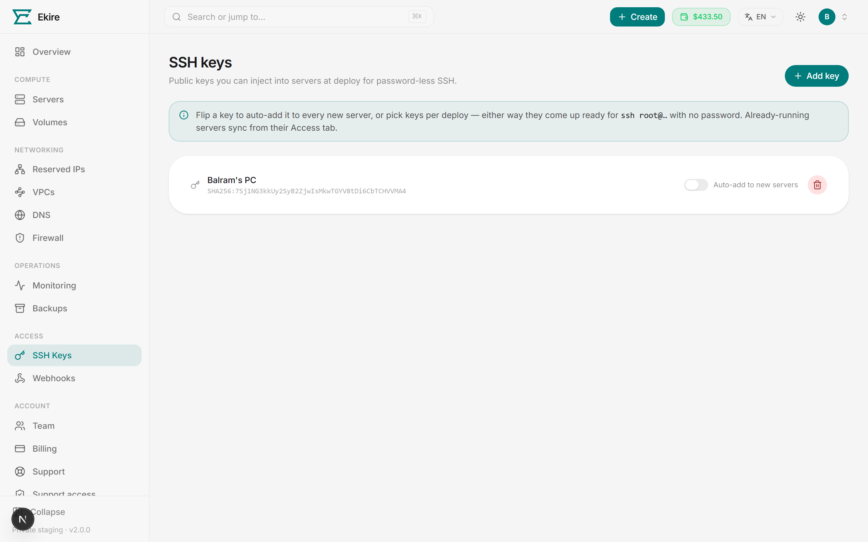 The SSH keys page: your keyring, with a fingerprint and an auto-add toggle on each key.