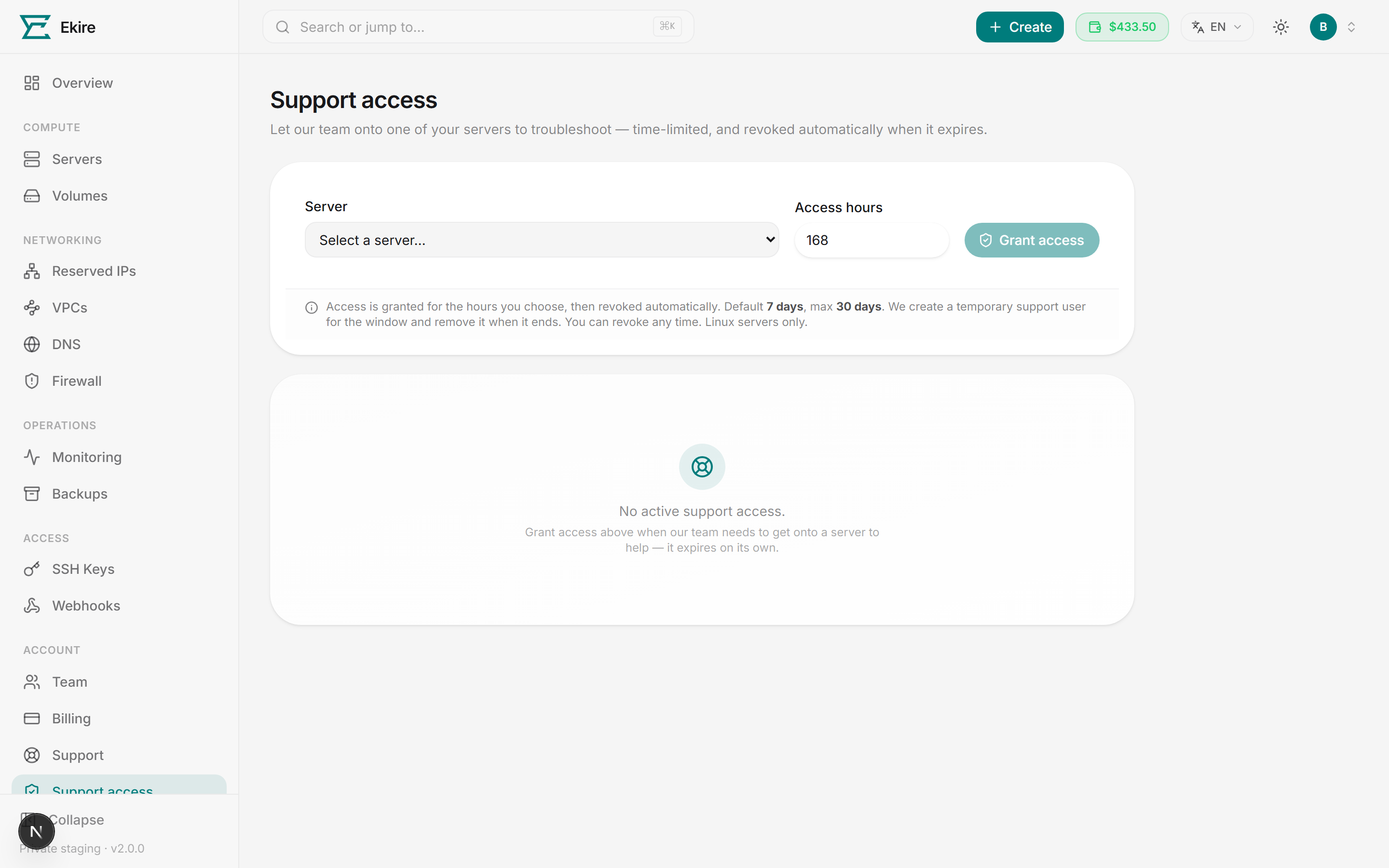 The Support access page — grant access to a server, then see every live grant with its temporary user and revoke time.