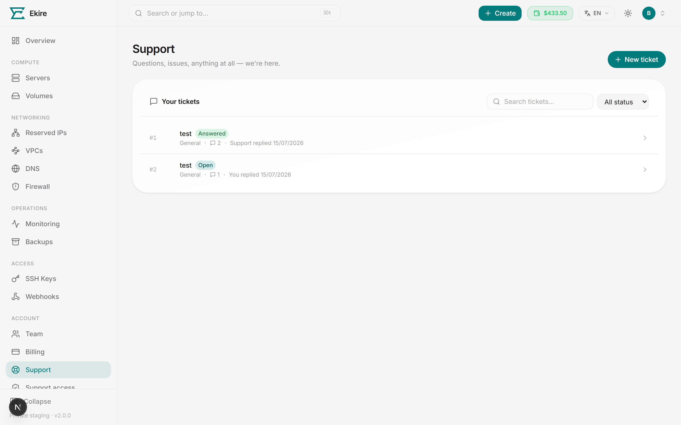 The Support area — your open and past tickets, with search and a status filter.