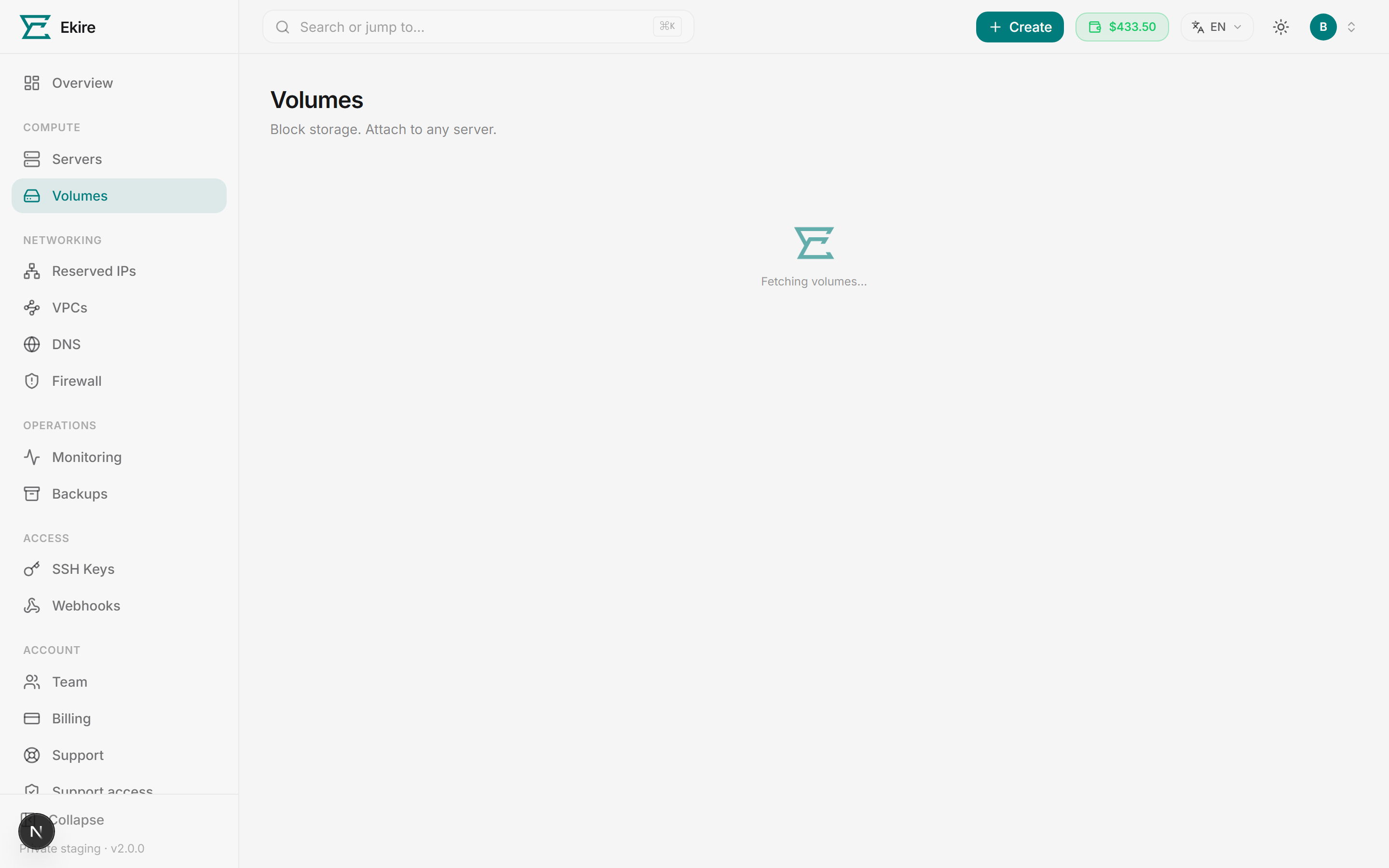 The Volumes page: storage totals up top, a create form, and each of your volumes with its own actions menu.