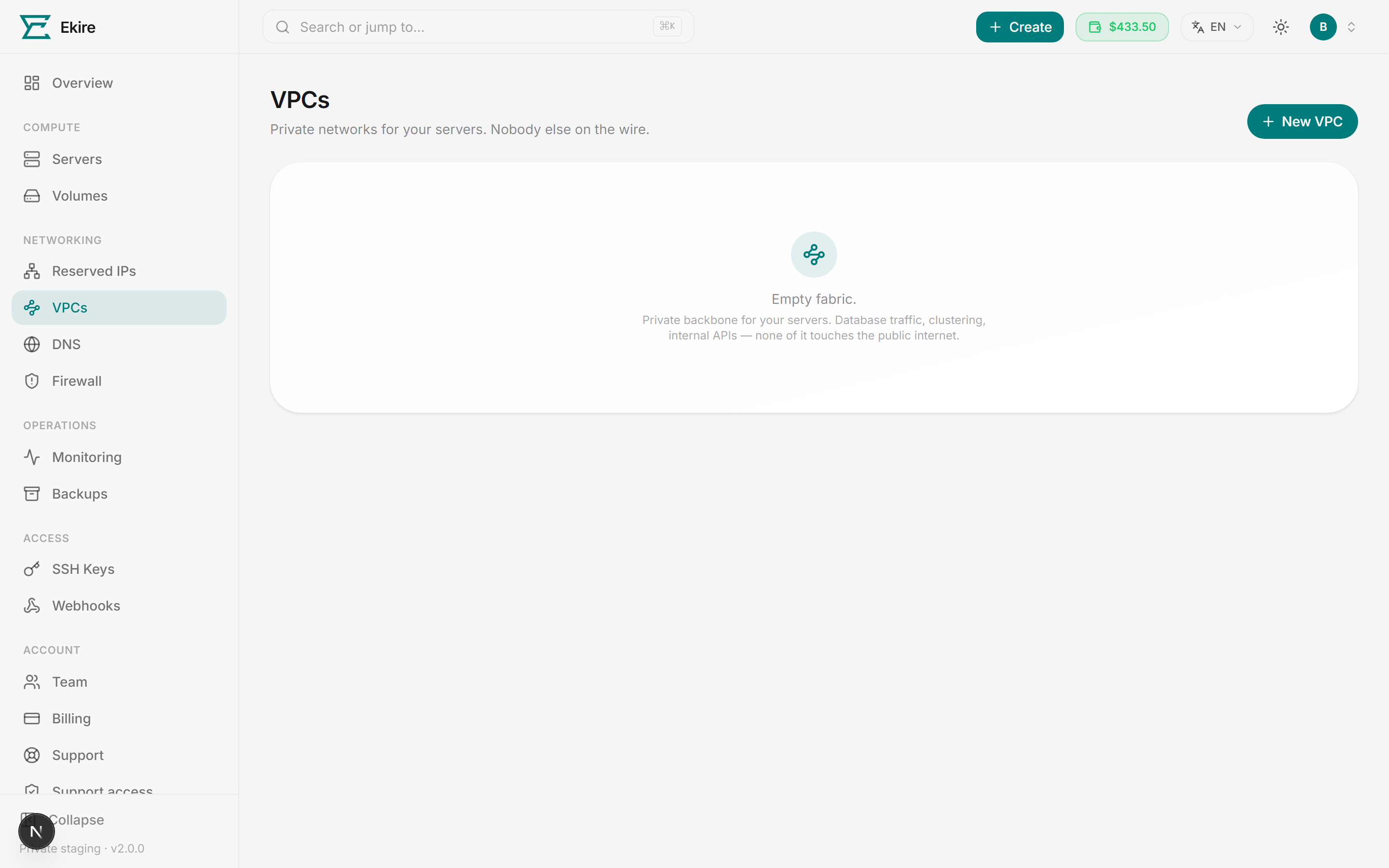 The VPCs page, showing a private network with its range, region, and attached servers.
