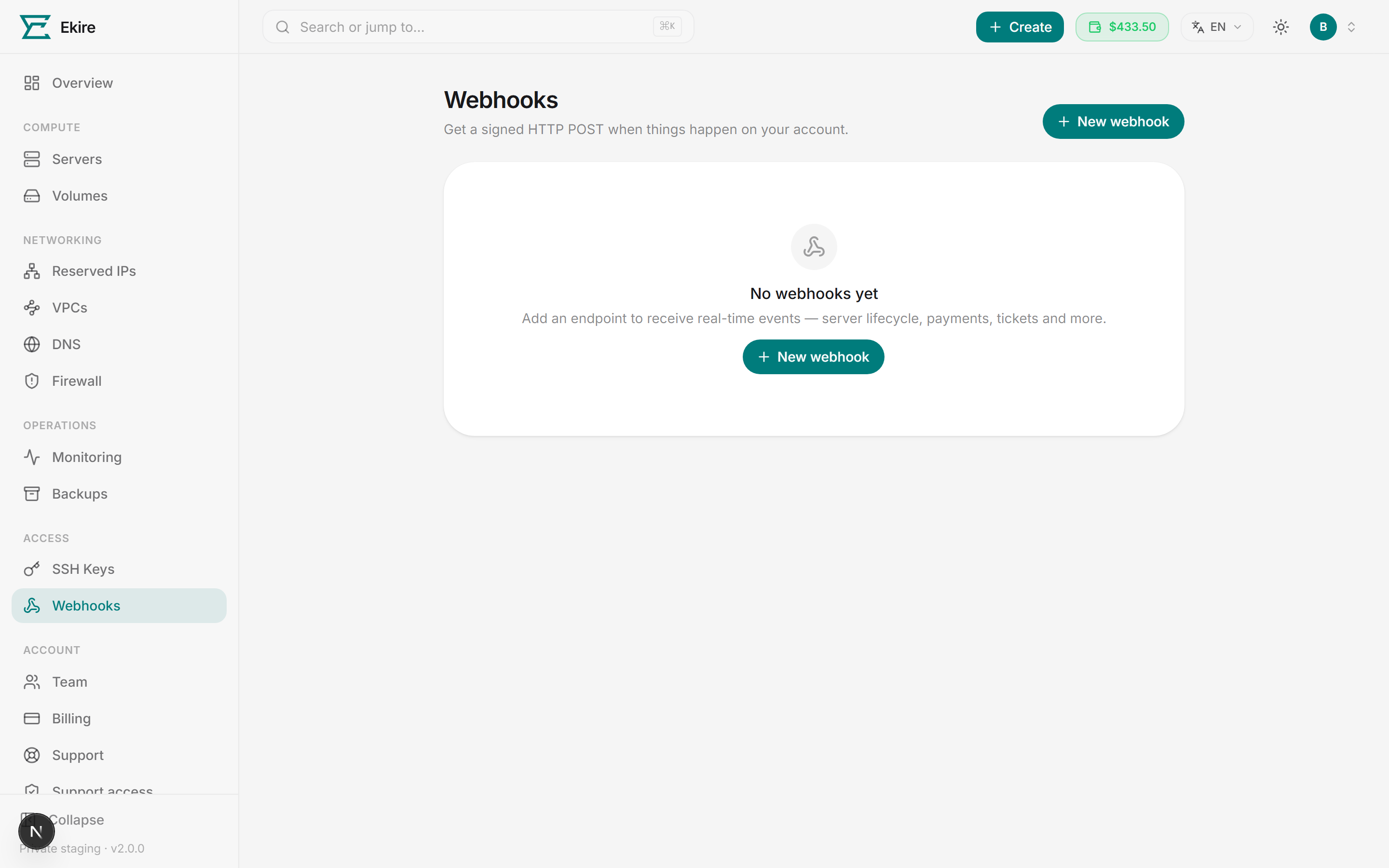 Your webhook endpoints — each shows its target URL, subscribed events, health, and a log of recent deliveries.